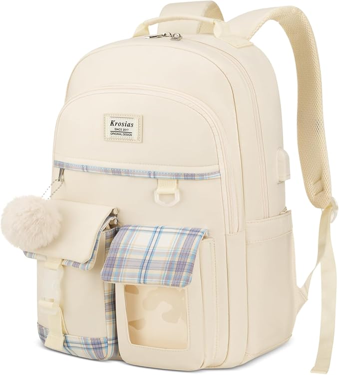 School Backpack for Teen Girls, Cute Kawaii Plaid Bookbag College Backpacks for Women 15.6 Inch Laptop Bag for Kindergarten Elementary Preschool Middle High School Students, Beige