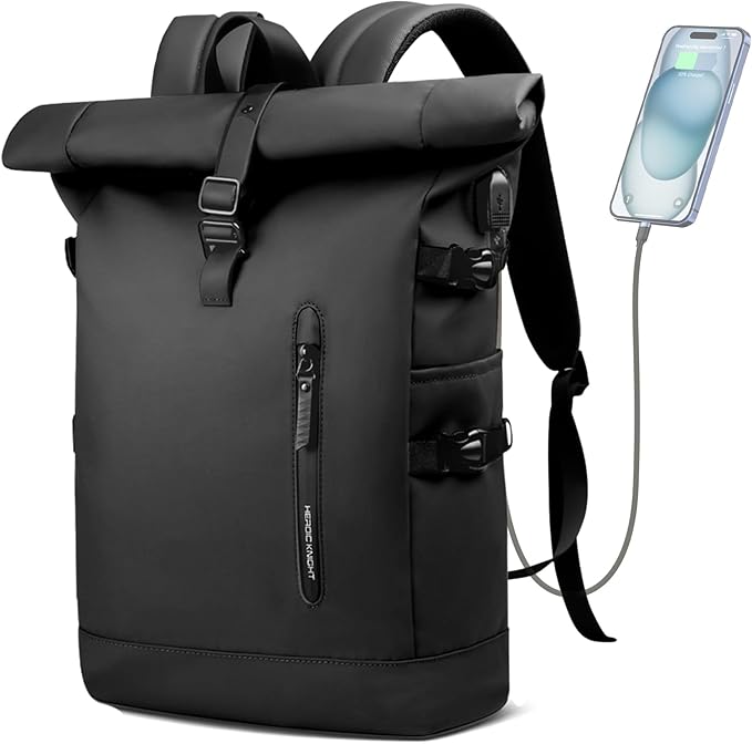 Rolltop Backpack, 15.6 Inch Waterproof Laptop Backpack with USB Charging Port, Expandable 18-27L Travel Backpack for Men Women, Casual Daypack for Work Business College-Black