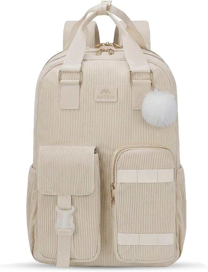 MATEIN Backpack for Teen Girls, 15.6 Inch Cute Corduroy Laptop Backpack Aesthetic College School Bookbag with Luggage Strap, TSA Lightweight Soft Kawaii Travel Backpacks for Women Nurse, Beige