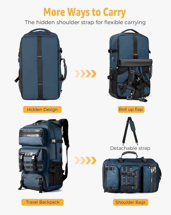 Travel Backpack for Men, 50L Carry On Flight Approved Convertible Duffle Bag with Shoe Compartment, 17 inch Laptop Luggage with USB Charging Port for Weekender Hiking, Blue
