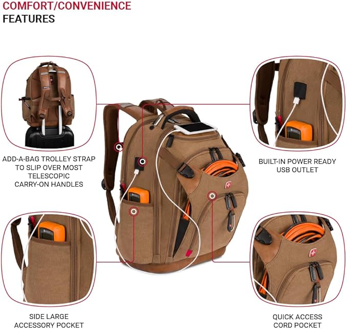 SwissGear Tool Bag Backpack, Fits Up to 17-Inch Laptop, Work Pack PRO, Brown Canvas