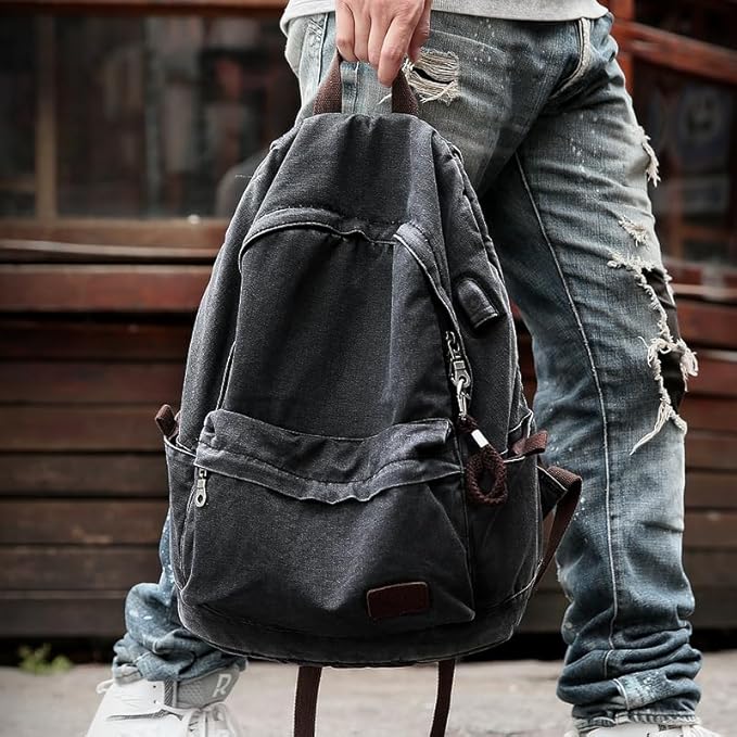 Muzze Canvas Backpack for Women and Men, Lightweight Classic Laptop Backpack with USB Charging Port for School, Travel and Daily Use, Black