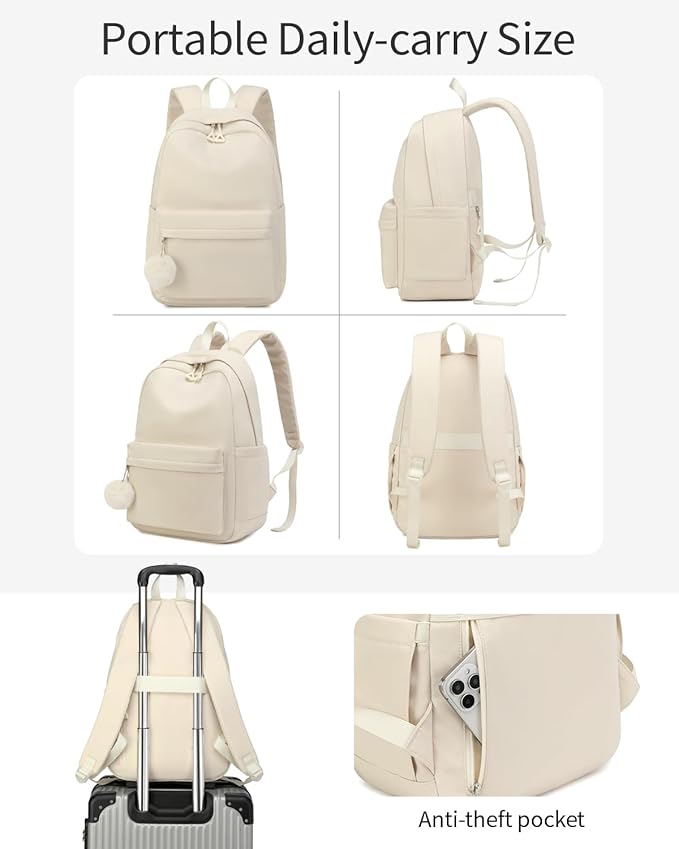 Teen Girls Backpack, 17.3in Laptop Backpack Women Cute Bookbag for Elementary Middle High School Lightweight Travel Bag, Beige