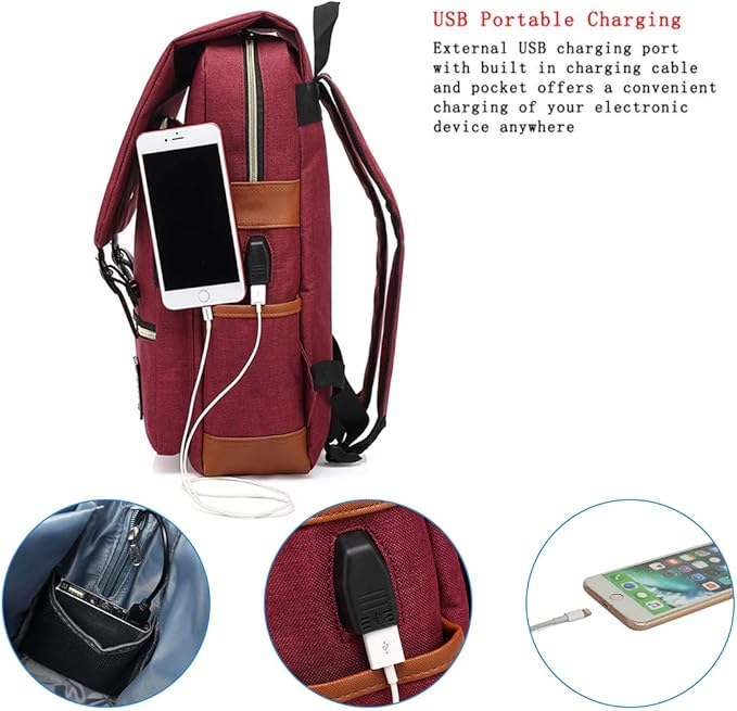 UGRACE Vintage Laptop Backpack with USB Charging Port, Elegant Water Resistant Travelling Backpack Casual Daypacks College Shoulder Bag for Men Women, Fits up to 15.6Inch Laptop in Red