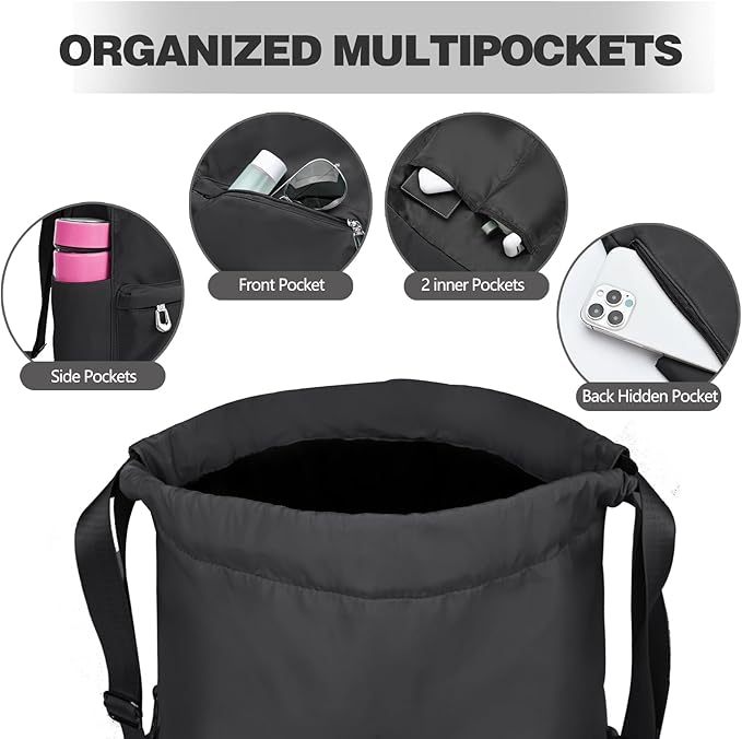 Drawstring Backpack with Wet Pocket Gym Backpack Water-Resistant Cinch String Bag Beach Swim for Women Men