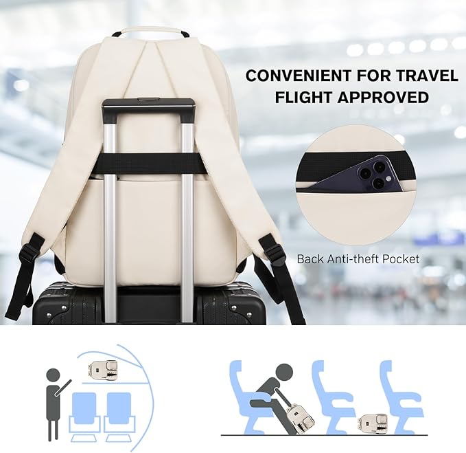 School Backpack for Women, Bookbag for Teen Girls College Backpacks for Students Large 15.6 Inch Laptop Bag for Travel Work, Beige