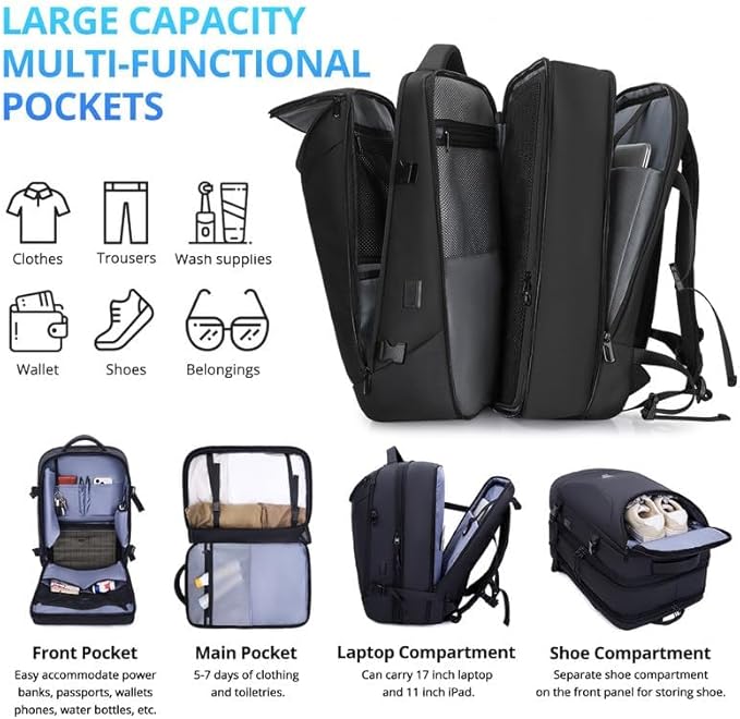 Travel Backpack for Men 50L Expandable Flight Approved Carry on Backpacks Luggage Suitcase for Travel Water Resistant 17.3 inch Laptop Backpack with 4 Packing Cubes