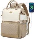 Laptop Backpack for Women, College Bookbag School Backpack for High School Teen Girls, Work Bags with Cup Holder & USB Charger for Teacher Nurse Travel, Beige Khaki