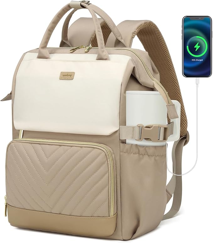 Laptop Backpack for Women, College Bookbag School Backpack for High School Teen Girls, Work Bags with Cup Holder & USB Charger for Teacher Nurse Travel, Beige Khaki