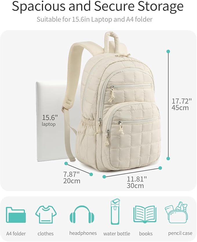 Cute School Backpacks for Teen Girls, 15.6in Laptop Backpack for College Women Bookbag Quilted Computer Bag for Work Casual, Beige