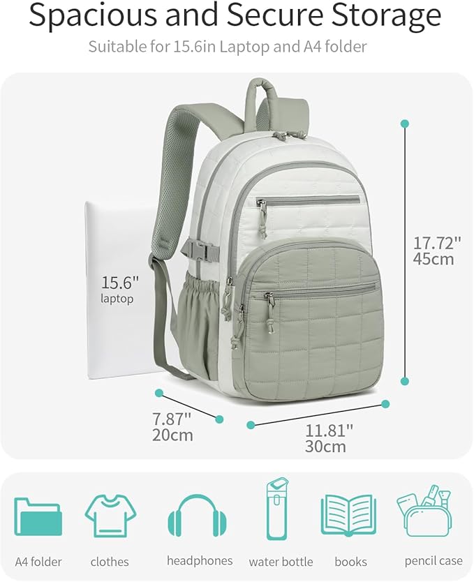 Quilted Bookbag for Women, College Laptop Backpack with Tumbler Holder Pocket for Nurse Teacher Work Travel, Puffer School Backpack for Teen Girls Big Student, White Green