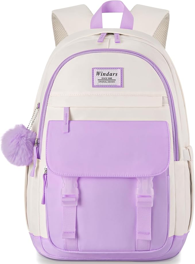 School Backpack for Teen Girls, Cute College Backpacks for Women Students Aesthetic Bookbag Large 15.6 Inch Laptop Bag Middle School Travel Back Pack (Purple Beige)
