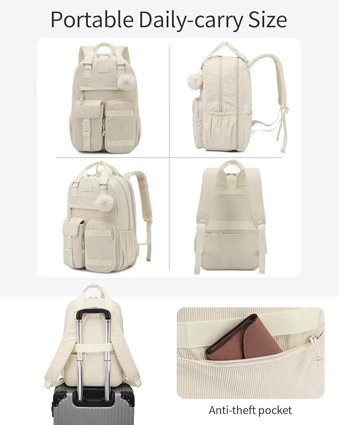 Teen Girls Backpack, Aesthetic Corduroy Bookbag with 15.6" Laptop Compartment Cute School Bag for Middle High School College, Beige