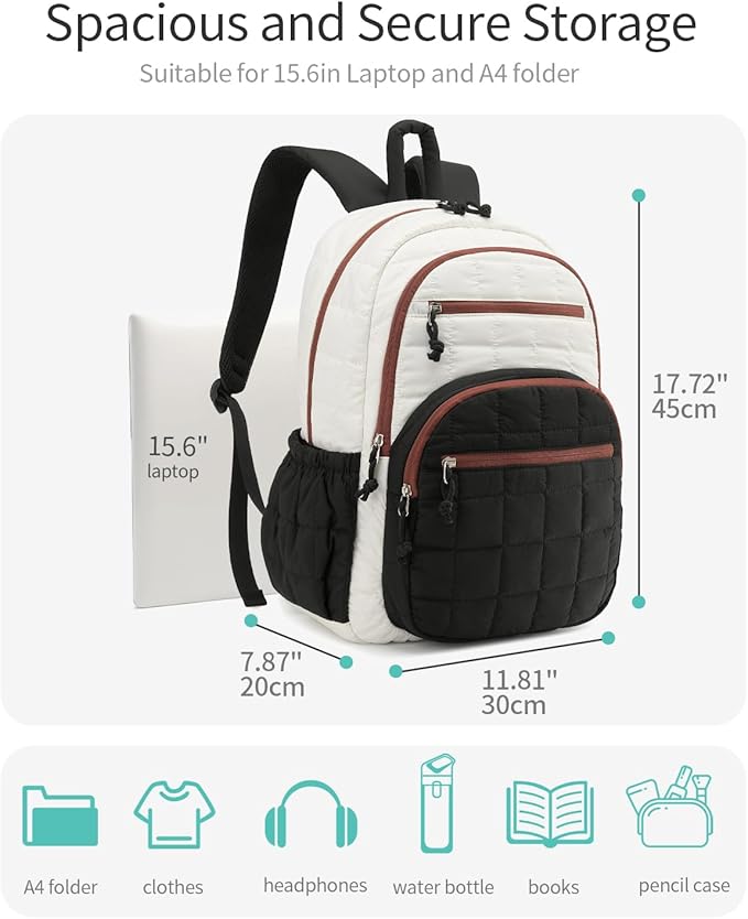 Bookbag for Women, Teen Girls Backpack for High School College Student, Puffer Quilted Back Pack Cute Laptop Backpack for Work Travel Mom Casual Daypack, Beige Black Brown