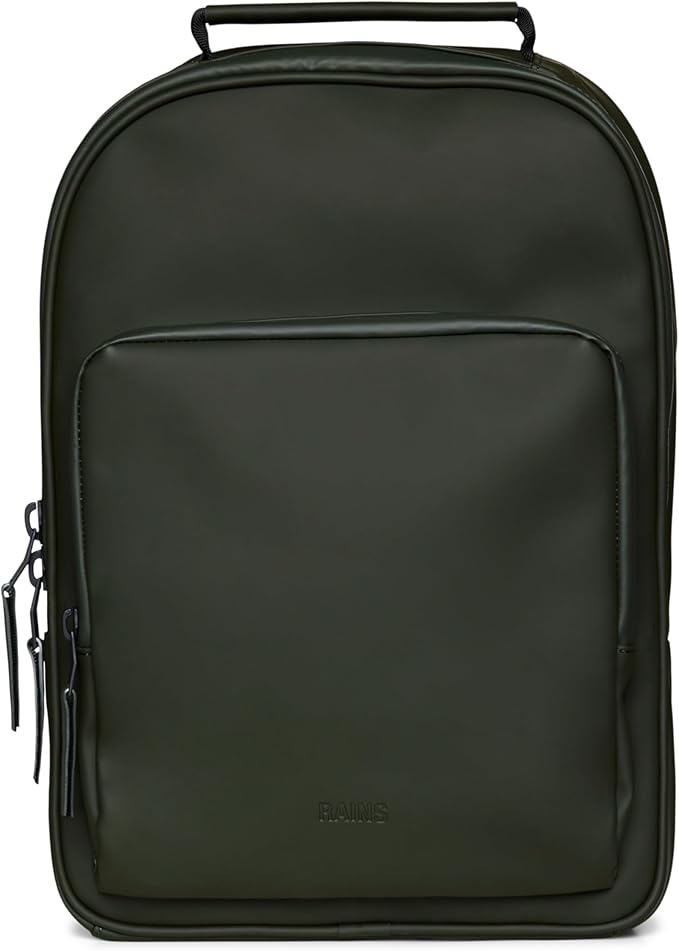 RAINS Book Daypack Regular Green Laptop Backpack for Men and Women, Waterproof Black Minimalist Commuter Bag with 15”-16"