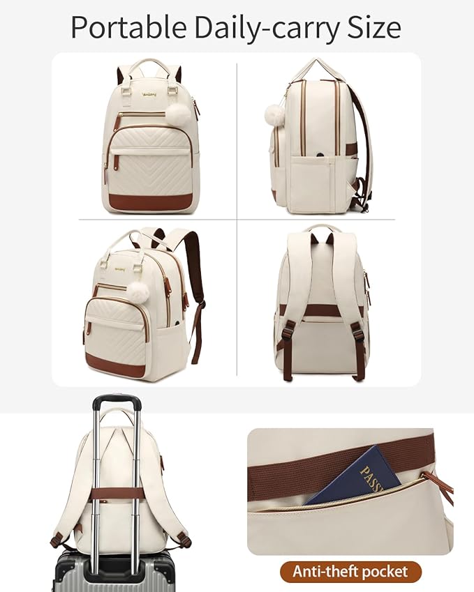 Womens Everyday Laptop Backpack, Aesthetic School Backpack for Teen Girls College Student, Cute Bookbag Purse for Work Travel, Beige Brown