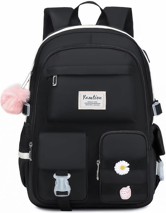 YAMTION School Backpack for Teen Girls,15.6in Laptop Backpack Kids Bookbag for Middle School College Students,Cute School Bag for Women,Black
