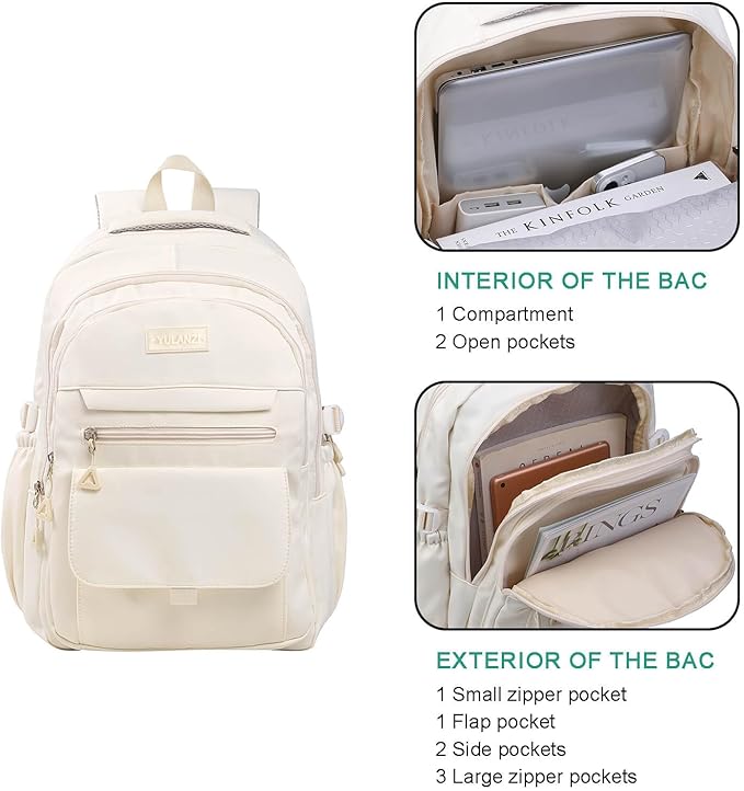 Phaoullzon Girls School Backpack for Boys, College Aesthetic Laptop Bookbag for Travel,Beige