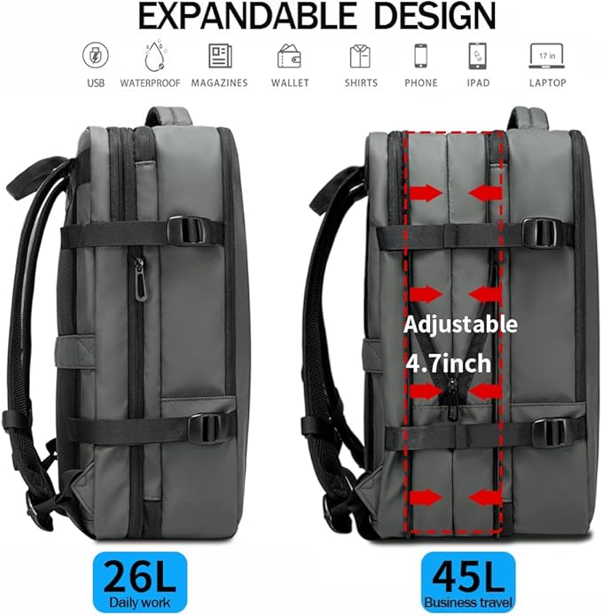 BANGE 45L Carry-on Backpack, Expandable Travel Backpacks for Airplanes,Convertible Weekend Backpack Briefcase for Traveling,Water Resistant College 17.3” Laptop Backpack for Men & Women