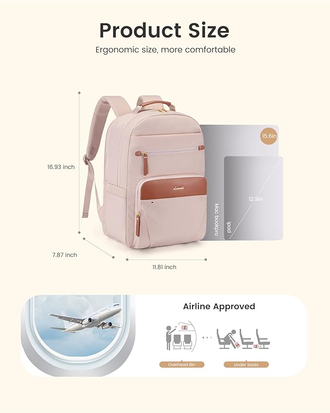 LOVEVOOK Laptop Backpack for Women with Leather Trim & Tumbler Pockets, 15.6" Work Backpack Purse, Travel Personal Item Bag, Carry On Business Computer Bag for Office, School, or Gift, Soft Taupe