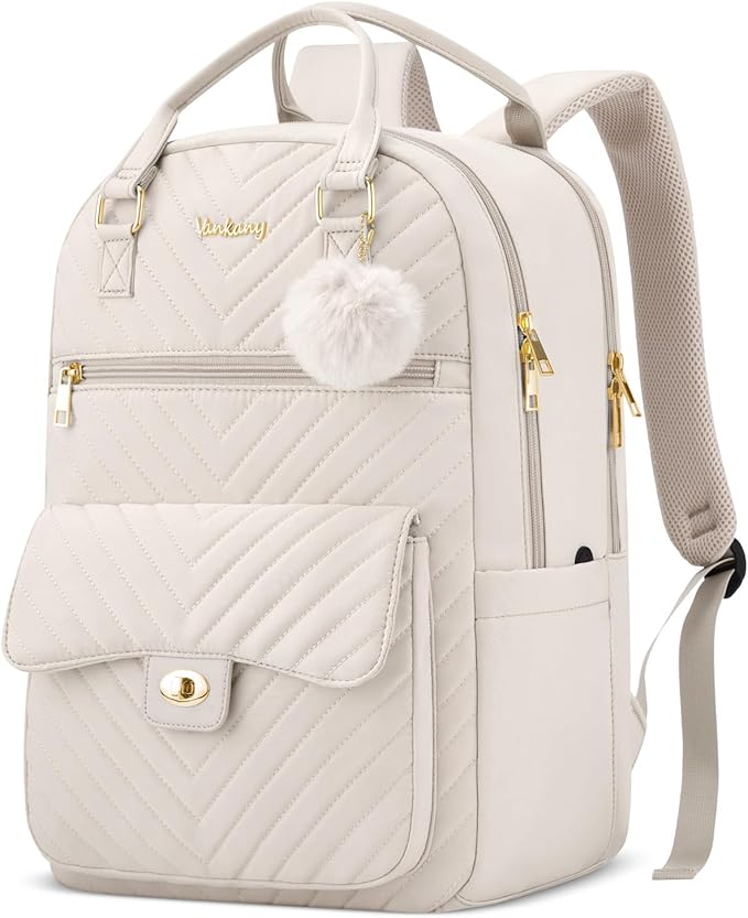 Aesthetic Bookbag for School Girls, Laptop Backpack with Charging Hole for College Women Teens Casual Daypack, Beige