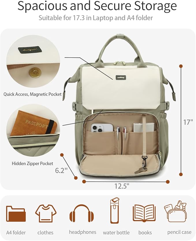 17.3in Computer Backpack for Women, Work Bag Laptop Bookbag with Cup Holder & USB Charger for Teacher Nurse College Travel Back Pack, Gifts, Beige Green