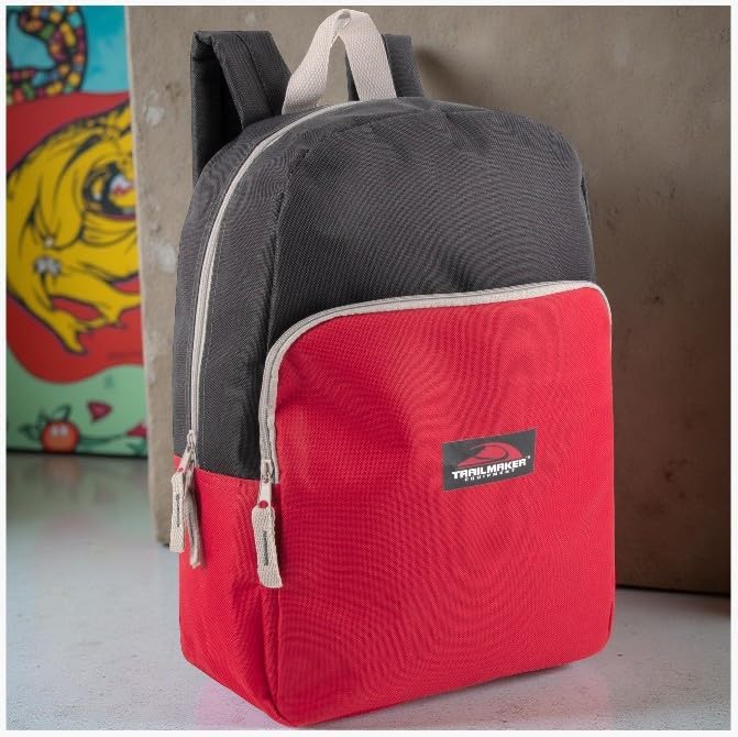 Color Block Backpacks for School Boys and Girls, 15 Inch Two Tone Colorful Small Travel Backpack for Kids (Red)