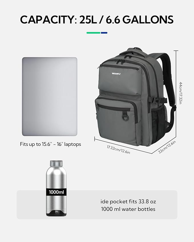 WATERFLY Travel Laptop School Backpack: Big Student College Middle School Bookbag for Women Men, Work Casual Daypack with 15.6" Computer Compartment, Anti Theft Water Resistant Commuter Bag