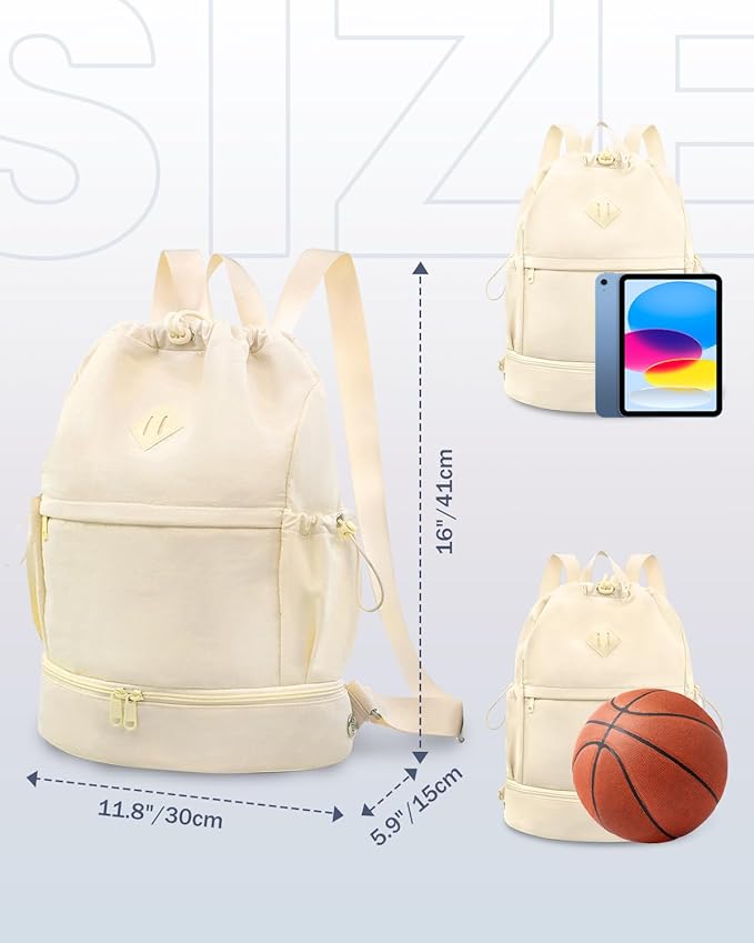 Drawstring Backpack Sports Gym Bag with Shoe Compartment and Wet Pocket String Swim Bag for Women Men Beach Backpack, Beige