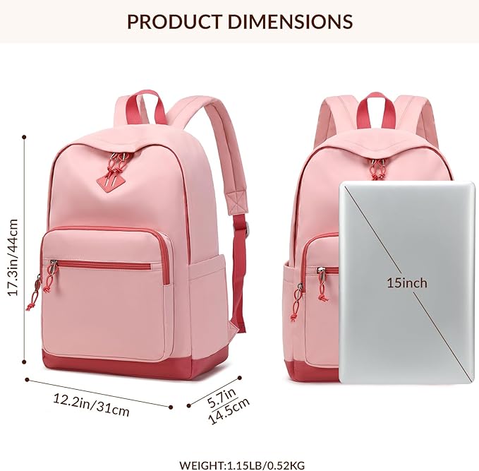 Lohol Classic Backpack for Girls Teens, Lightweight Bookbag for School Travel College (Pink/Red)