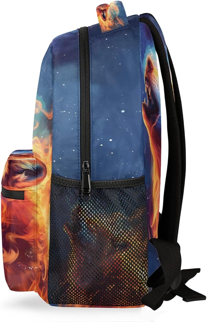 Pardick Wolf Fire Backpack for Kids Girls Boys Lightweight School College Students 18in Bookbag Large Capacity Computer Backpacks Laptop Rucksack Travel Gym Hiking Camping Daypack