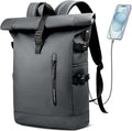Rolltop Backpack for Men, Waterproof Travel Backpack with USB Charging Port, Large Capacity Adjustable18-27L Laptop Backpack for 15.6 Inch, Expandable Casual Daypack for Work Business College-Grey