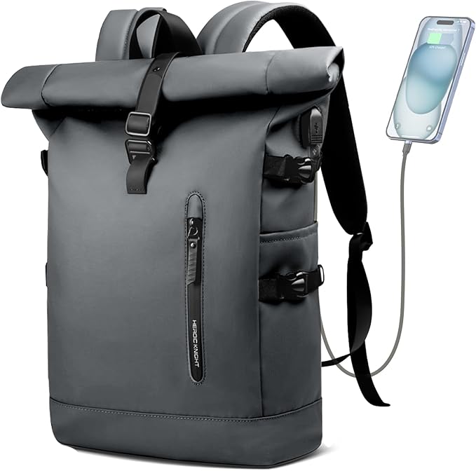 Rolltop Backpack for Men, Waterproof Travel Backpack with USB Charging Port, Large Capacity Adjustable18-27L Laptop Backpack for 15.6 Inch, Expandable Casual Daypack for Work Business College-Grey