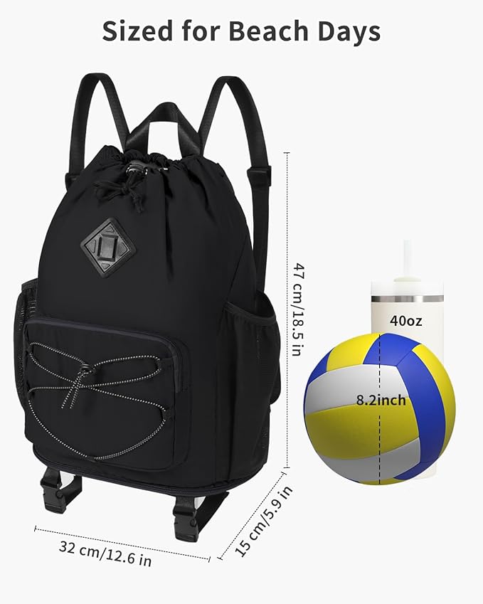 WANDF Drawstring Backpack with Removable Wet Pocket, Sandproof Beach Backpack with Bottom Compression Strap for Beach Mat, Swim Bag for Pool, Gym, Travel and Workout Gear (Black)