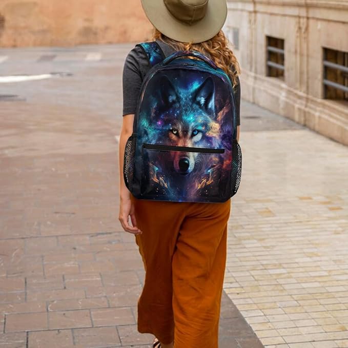 Pardick Animal Wolf Galaxy Backpack for Kids Girls Boys Lightweight School College Students 18in Bookbag Large Capacity Computer Backpacks Laptop Rucksack Travel Gym Hiking Camping Daypack