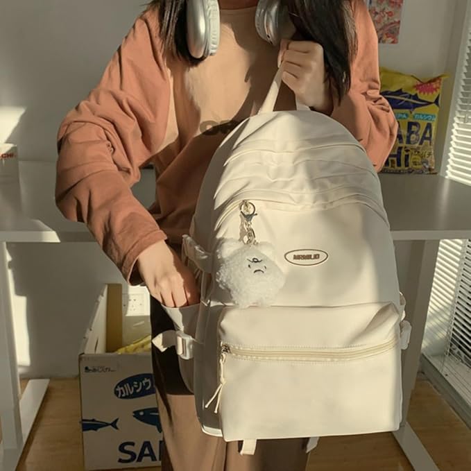 Kawaii Backpack with Cute Accessories Casual Aesthetic Daypack Simple Laptop Bag Waterproof Travel Rucksack for Women (white)