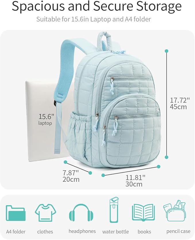 Bookbag for Women, Teen Girls Backpack for High School College Student, Puffer Quilted Back Pack Cute Laptop Backpack for Work Travel Mom Casual Daypack, Blue