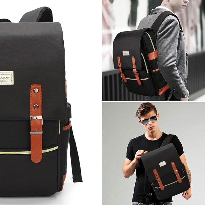 Modoker Eco-Friendly Vintage Laptop Backpack for Women Men,Travel Backpacks with USB Charging Port Fashion Backpack Fits 15.6Inch Notebook, Black