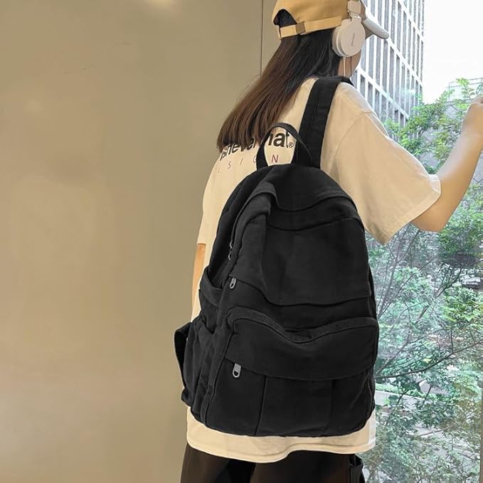 Black Canvas Backpack for Women & Men Retro Aesthetic Rucksack Basic Backpack for High School/College Students Travel Laptop Bag