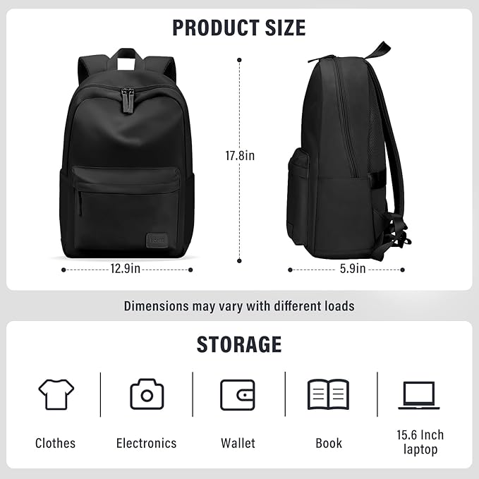 HOMIEE Lightweight Casual Laptop Backpack Fits 15.6 Inch Computer, Water-Resistant Small Daypack Cute Unisex Bookbag for College Work Travel, Black