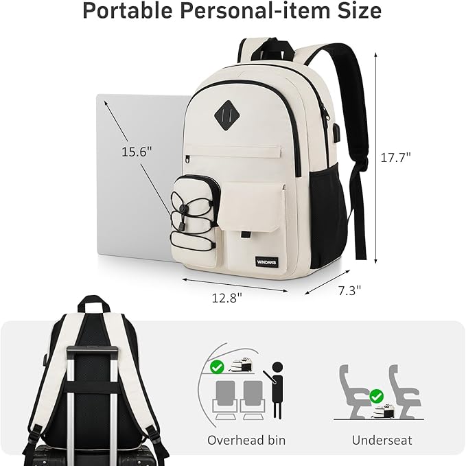 School Backpack for Women, College Bookbag Teen Girls 15.6 Inch Laptop Bacpack Cute School Bag with USB Port for Students (Beige)