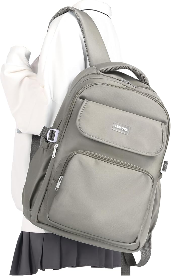 Cute Middle School Backpack For Teen Girls,Waterproof Casual Bookbags,Lightweight Travel Daypack,Basic Laptop College Backpack For Women(grey brown）