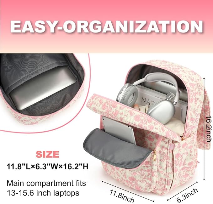 Women Laptop Backpack, Corduroy 15.6" Travel Backpack for Work College Business, Teacher Nurse Bag with Large Capacity School Bookbag Bags for Girls - Flowers Pink