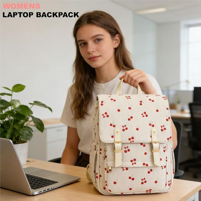 Women Laptop Backpack, Corduroy 15.6" Travel Backpack for Work College Business, Teacher Nurse Bag with Large Capacity School Bookbag Bags for Girls - Cherry Bow Beige