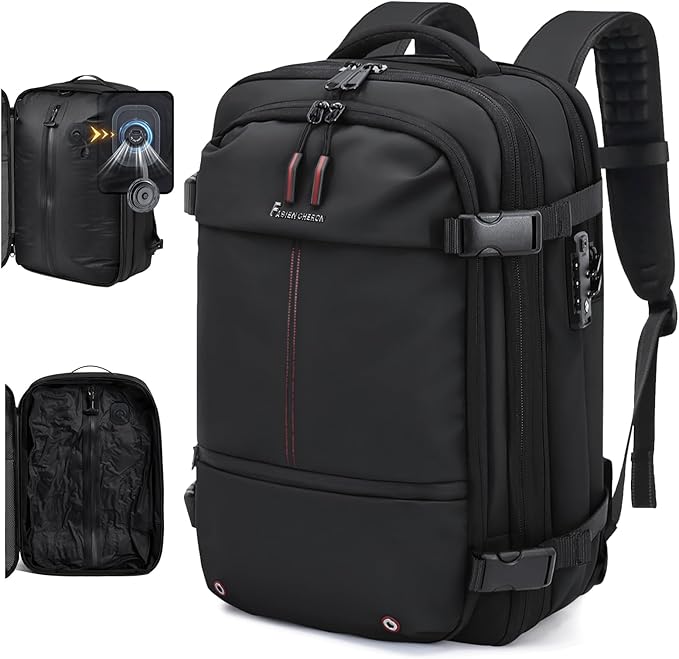Travel Backpack with Vacuum System,60L Expandable Vacuum Backpack Travel with Built-in Pump,17.3 inch Laptop Backpacks Carry On Backpack with TSA Lock(Black,Built-in Air Pump)