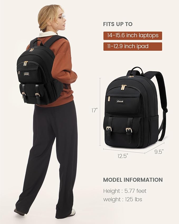 LOVEVOOK School Backpack for Women 15.6" Black Bookbag for Girls in Highschool College Casual Daypack Backpacks Water Resistent