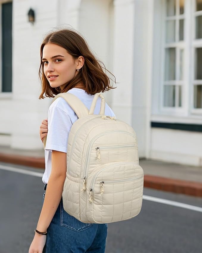 Cute School Backpacks for Teen Girls, 15.6in Laptop Backpack for College Women Bookbag Quilted Computer Bag for Work Casual, Beige