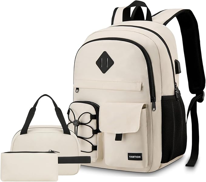 YAMTION 3 Pack School Backpack Set for Women,Bookbag for Teen Girls Backpack College Laptop School Bags,Mochilas Mujer Morrales Escuela,Beige