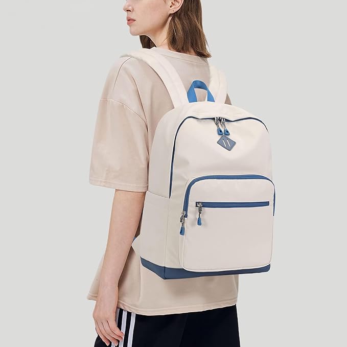 Lohol Classic Backpack for Girls Boys Teens, Lightweight Bookbag for School Travel College (Beige/Blue)