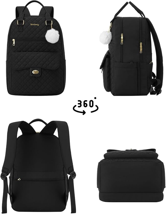 Teen Girls Backpack for School, 15.6in Laptop Backpack with Charging Hole for Travel Work, Cute Bookbag Purse Computer Daypack for Women, Black